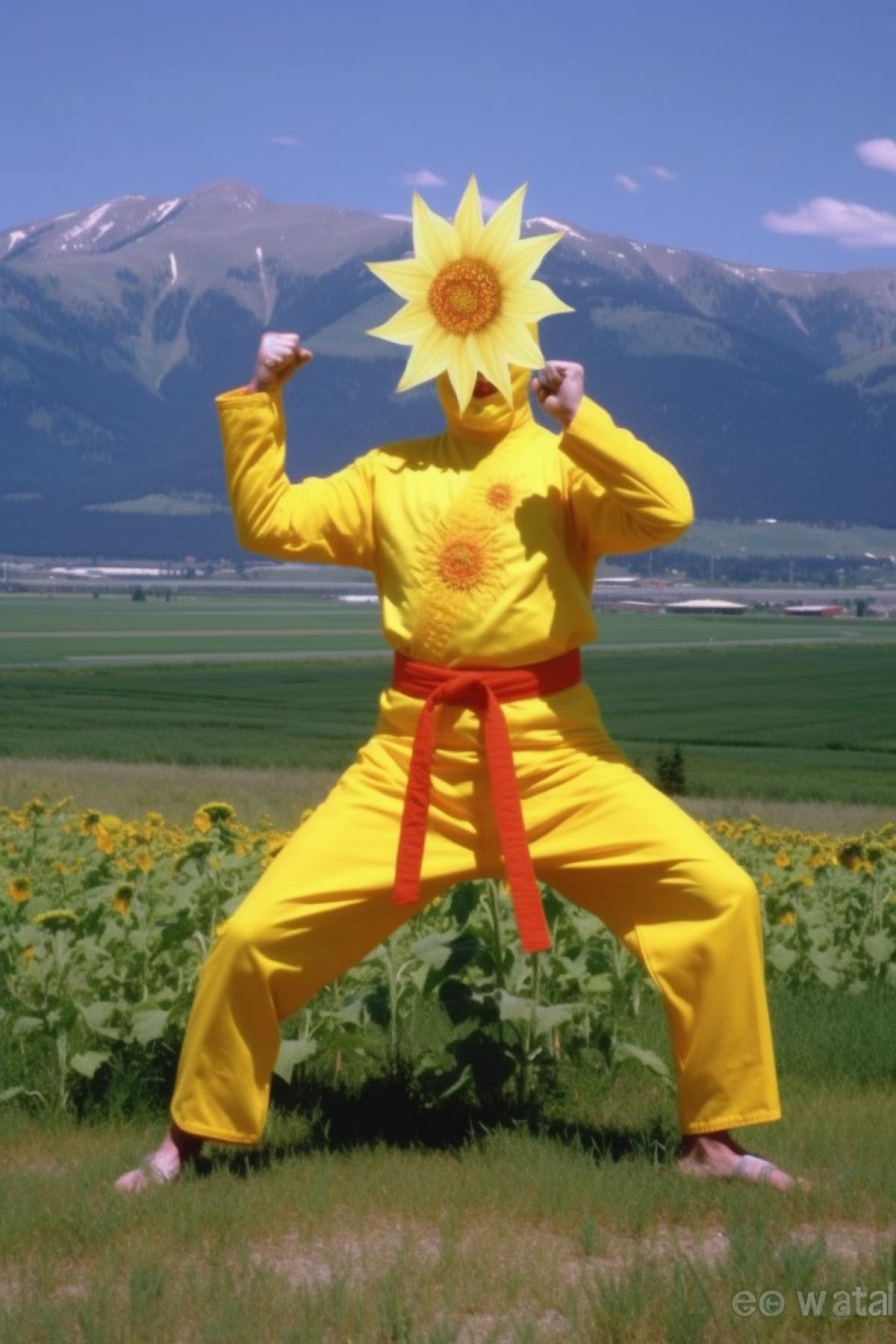 Anthropomorphic sunflower menacingly does karate