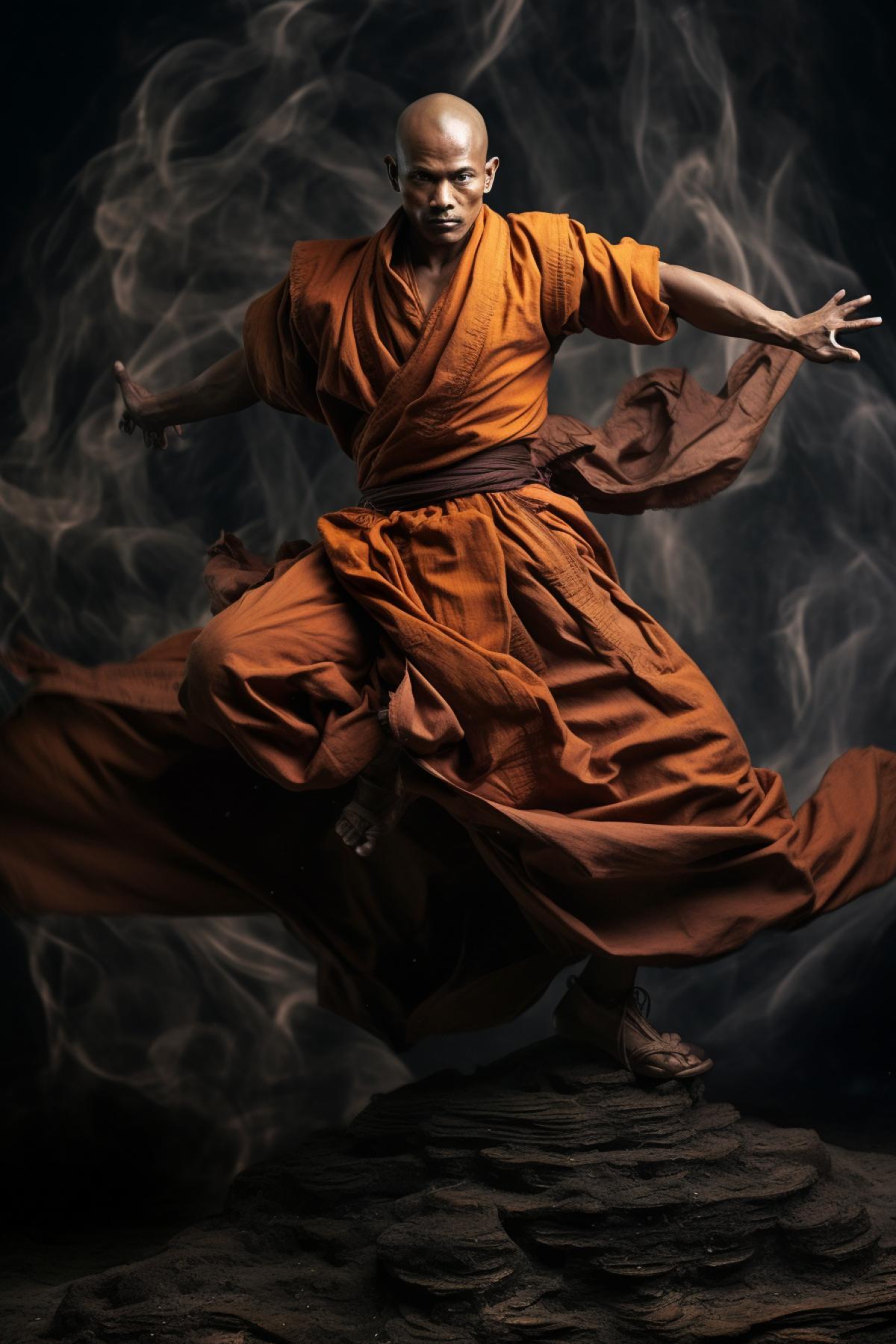 Shaolin monk in a fighting stance, flying, full body, photorealistic, atmospheric, Asian culture, epic, cinematic, Barbara Chase-Riboud style