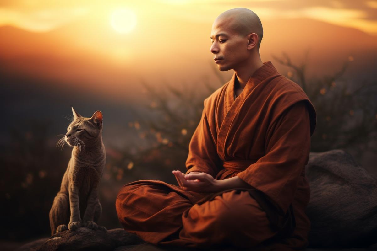 Shaolin monk meditating, near him sitting cat, nature, sunset, photorealistic, atmospheric, Asian culture, Guy Aroch style