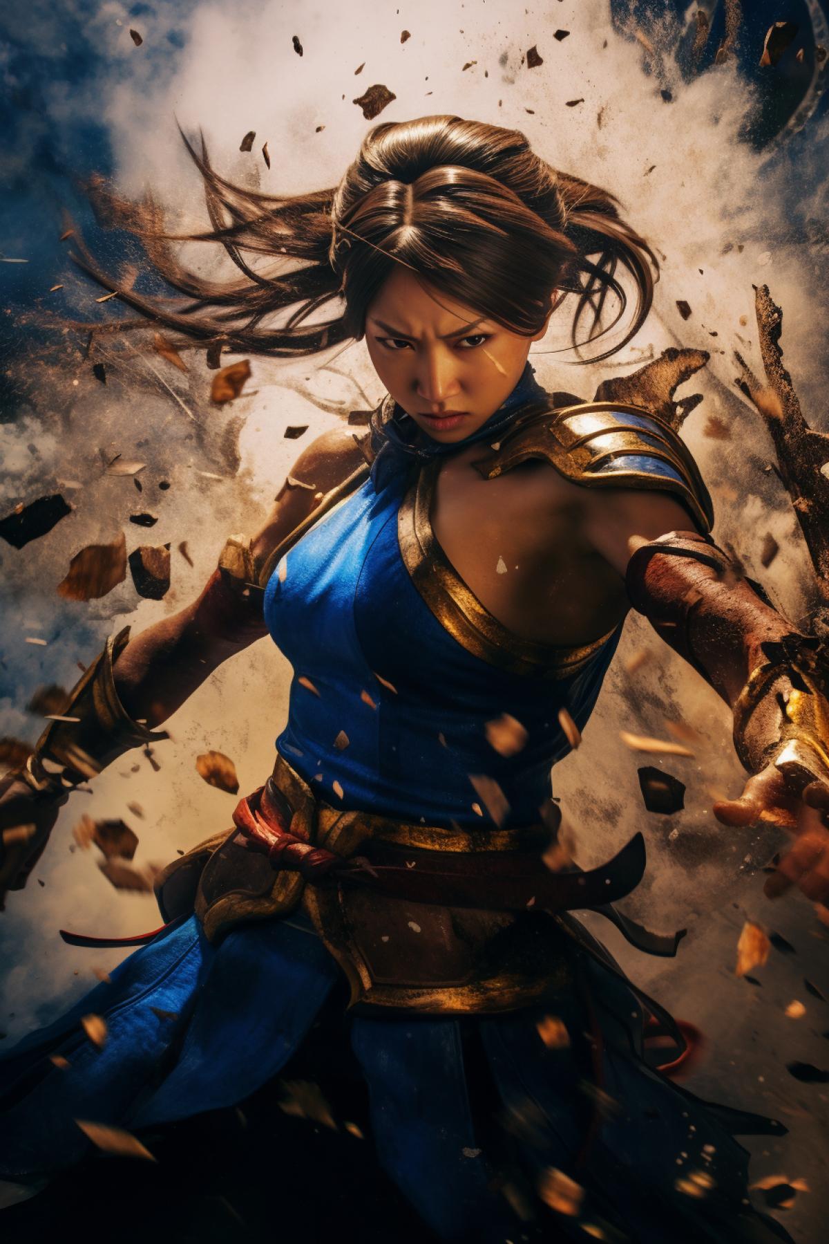 street fighter Chun Li punches through stone that shatters crumbles on impact, courtyard, athletic muscular body thick legs, dramatic dynamic scene, powerful calm graceful, spectacular, saturated contrast, professional photography, Hasselblad, 32k UHD, ultra-sharp Intricate fine details, HDRI