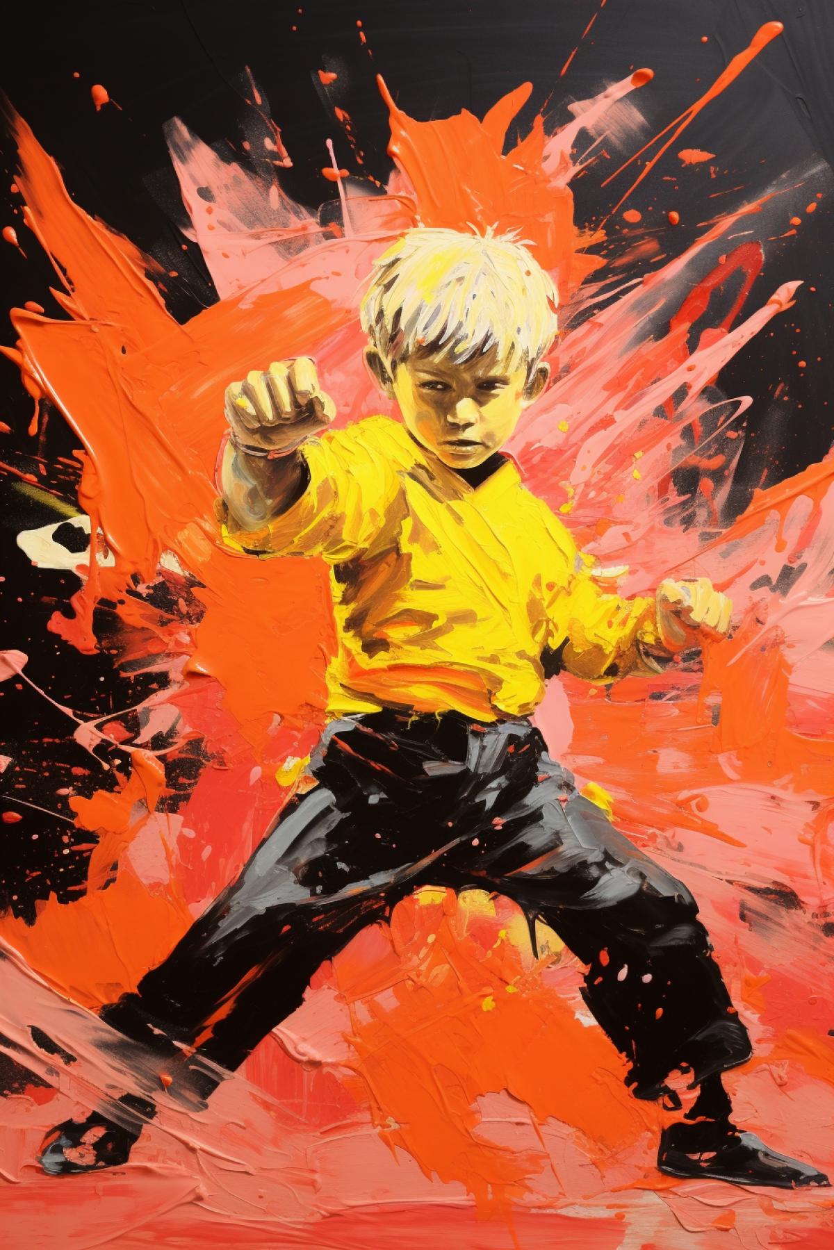 3d karate chop, abstract minimal painting by a child genius, in the style of andy warhol, impasto pop art