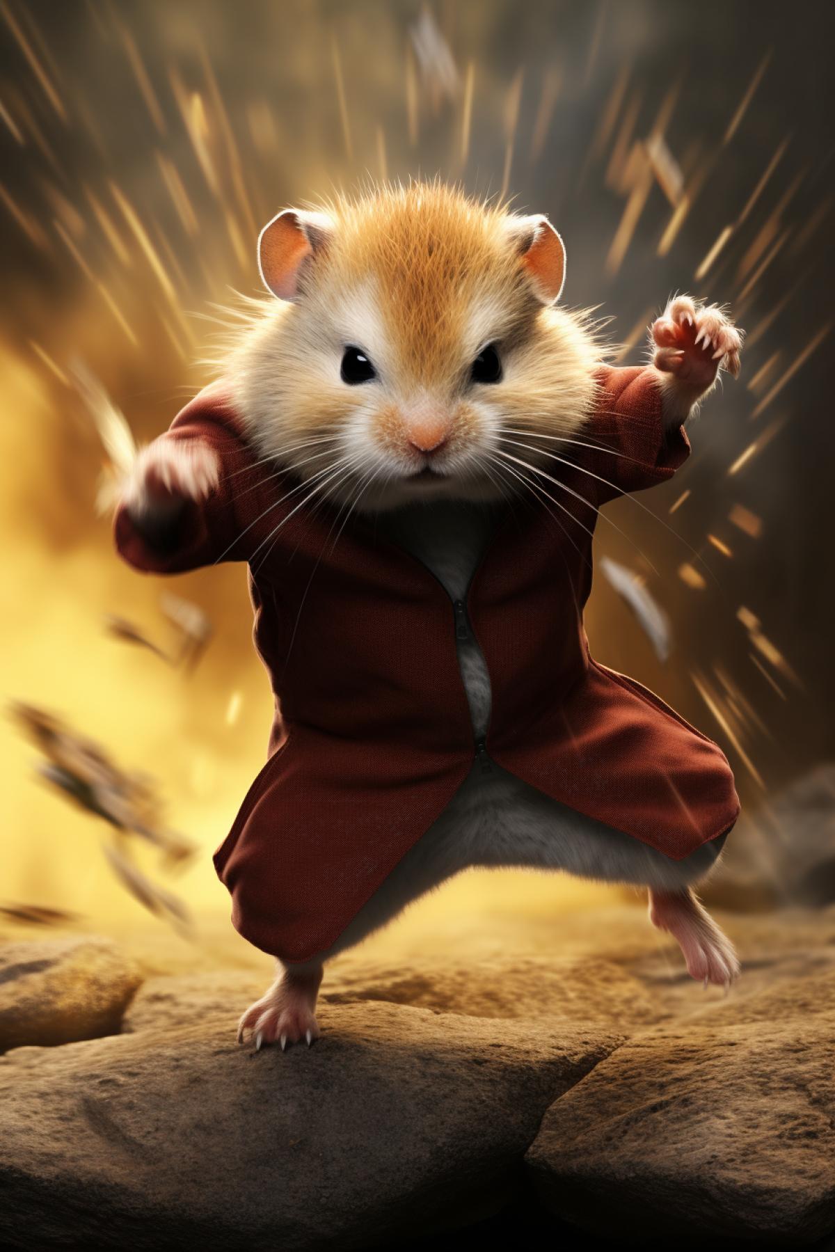 an angry hamster doing a flying kung fu kick, in the style of jet lee, realistic, 8k, macro photography