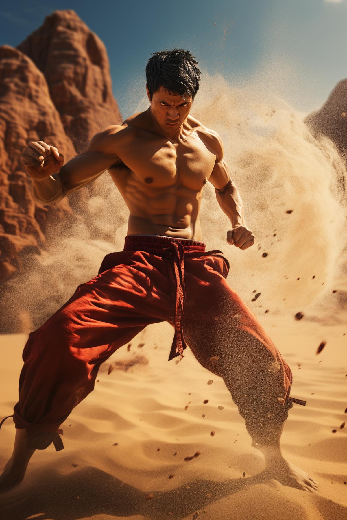 dynamic dramatic scene, street fighter Kung Fu stance, force shockwave disturbance, in style of vibrant cinematography, powerful athletic, spectacular, professional photography render, Hasselblad, ultra-sharp fine details, 32k UHD, HDRI