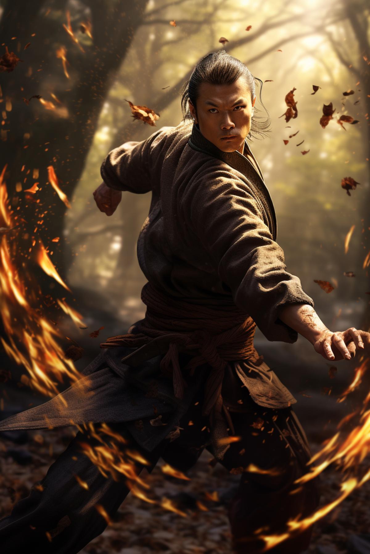 kung fu in forest, dappled lighting, highly detailed, extremely intricate, meticulous painting, octane render, unreal engine, dramatic lighting, post processing