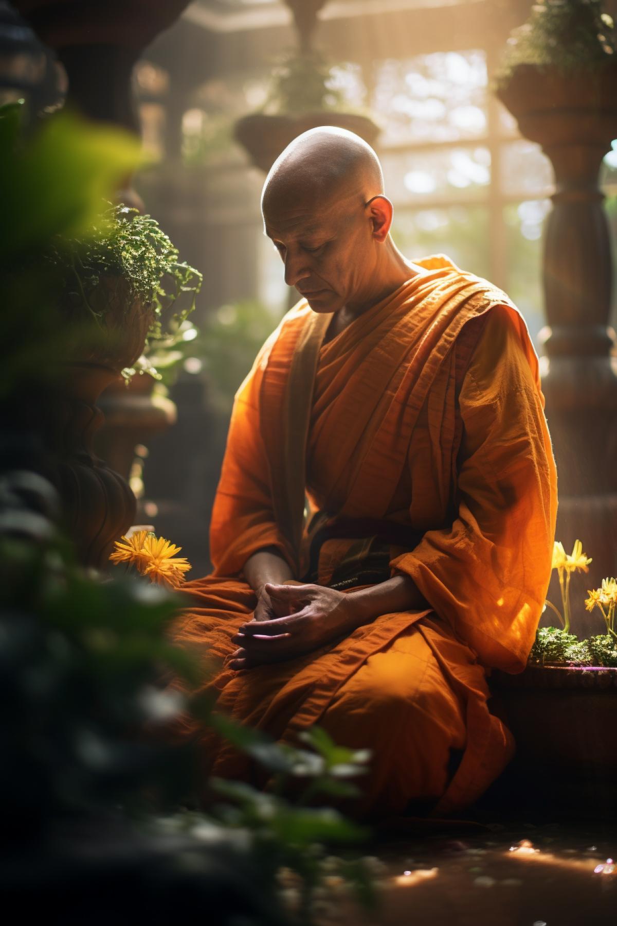 hyper close-up photography of a taoiste Monk meditating in a traditionnal sacred temple, ancient, back light, verdant, colorful hanging gardens, simple orange outfit, reflections, wet, sunset, cinematic lighting, raking sunshine, long shadows, wet, hyperrealism, high contrast, ultra high quality, Canon Ef 50mm F-1.8 Stm