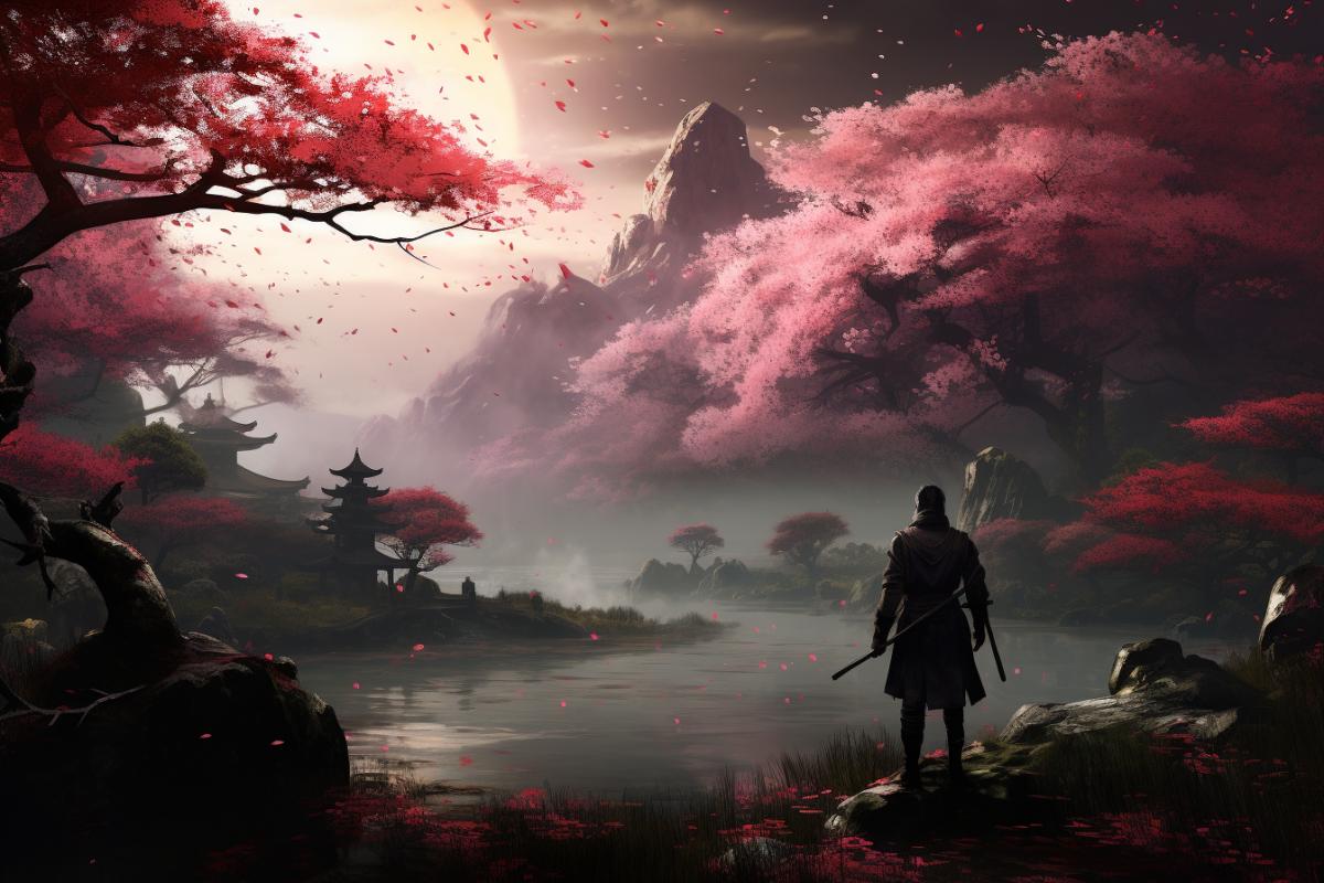Ghost of Tsushima game, Sakura garden, atmospheric, digital art