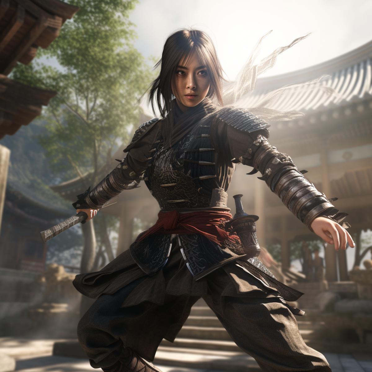 full body, japanese young female ninja kunoichi fighter, in dynamic 4ks, of a realistic detailed asian monastery, realistic textures, exquisite detail, 8k, sharp focus, diffuse back lighting, award winning photograph, small catch light, high sharpness, high octane render, HDR, unsplash