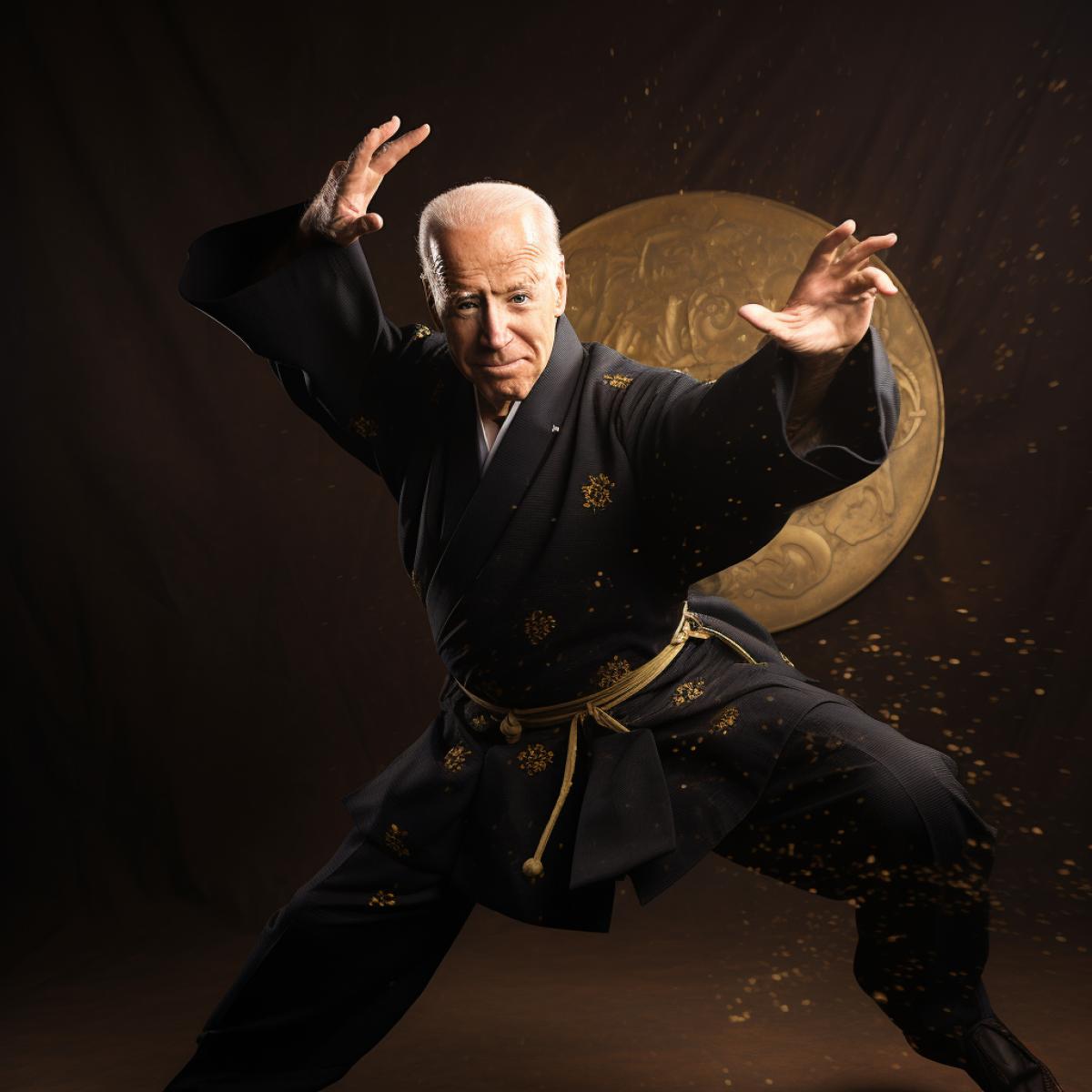 raw photo, cinematic shot of Joe biden throwing shuriken towards the camera, in the style of ninja yoroi, dark and gold, photorealism, action sequence