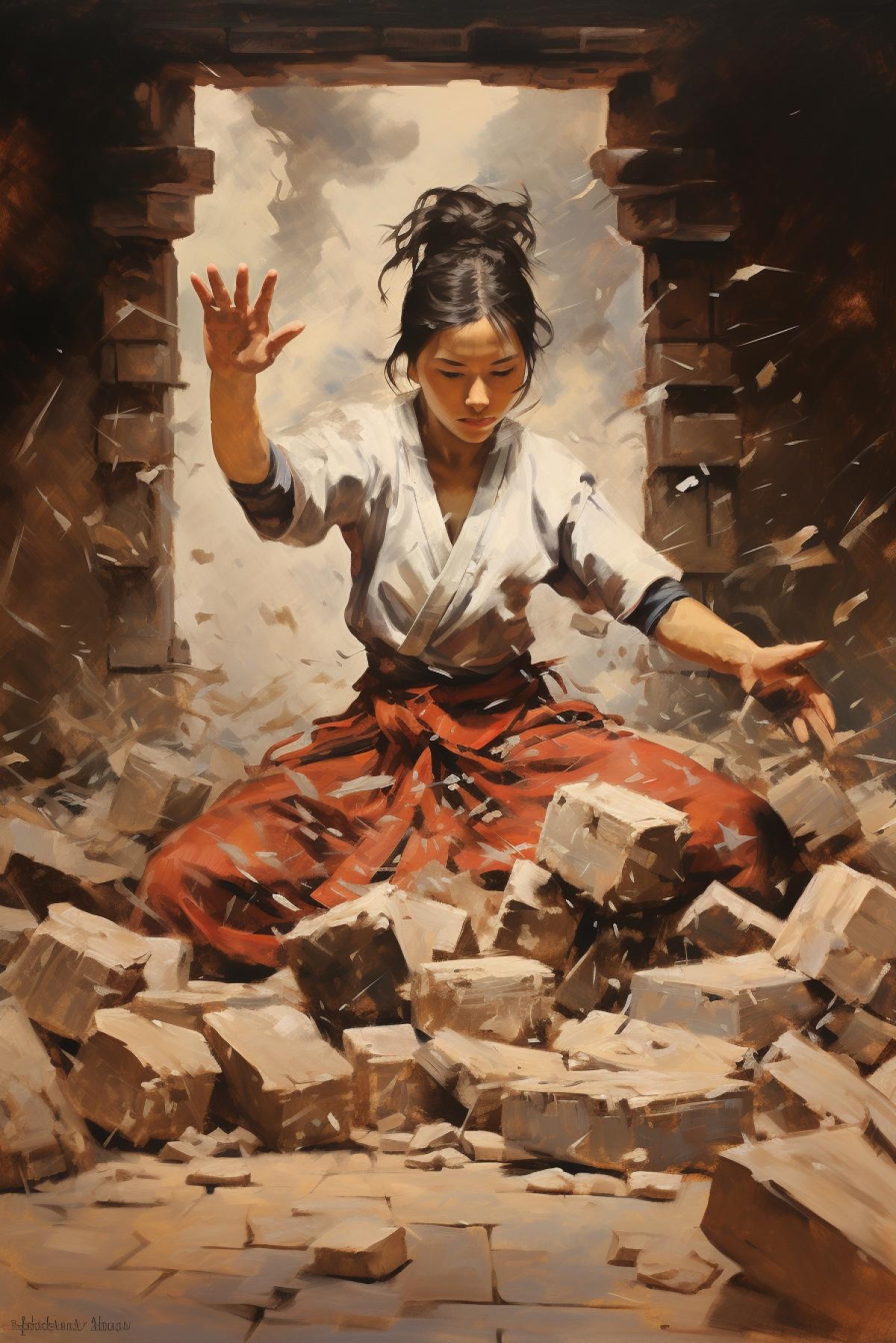 Girl karateka Shaolin monk breaks bricks with her palm Japanese painting