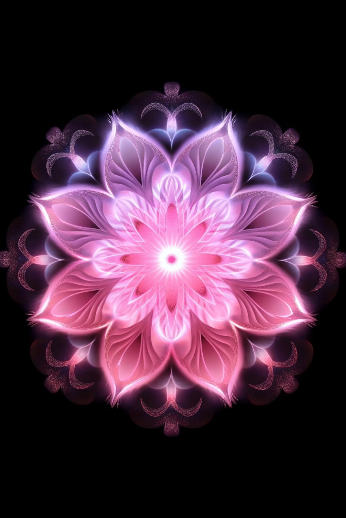 delightful mandala of delicate white and pink colors, transparent, sparkles, neon