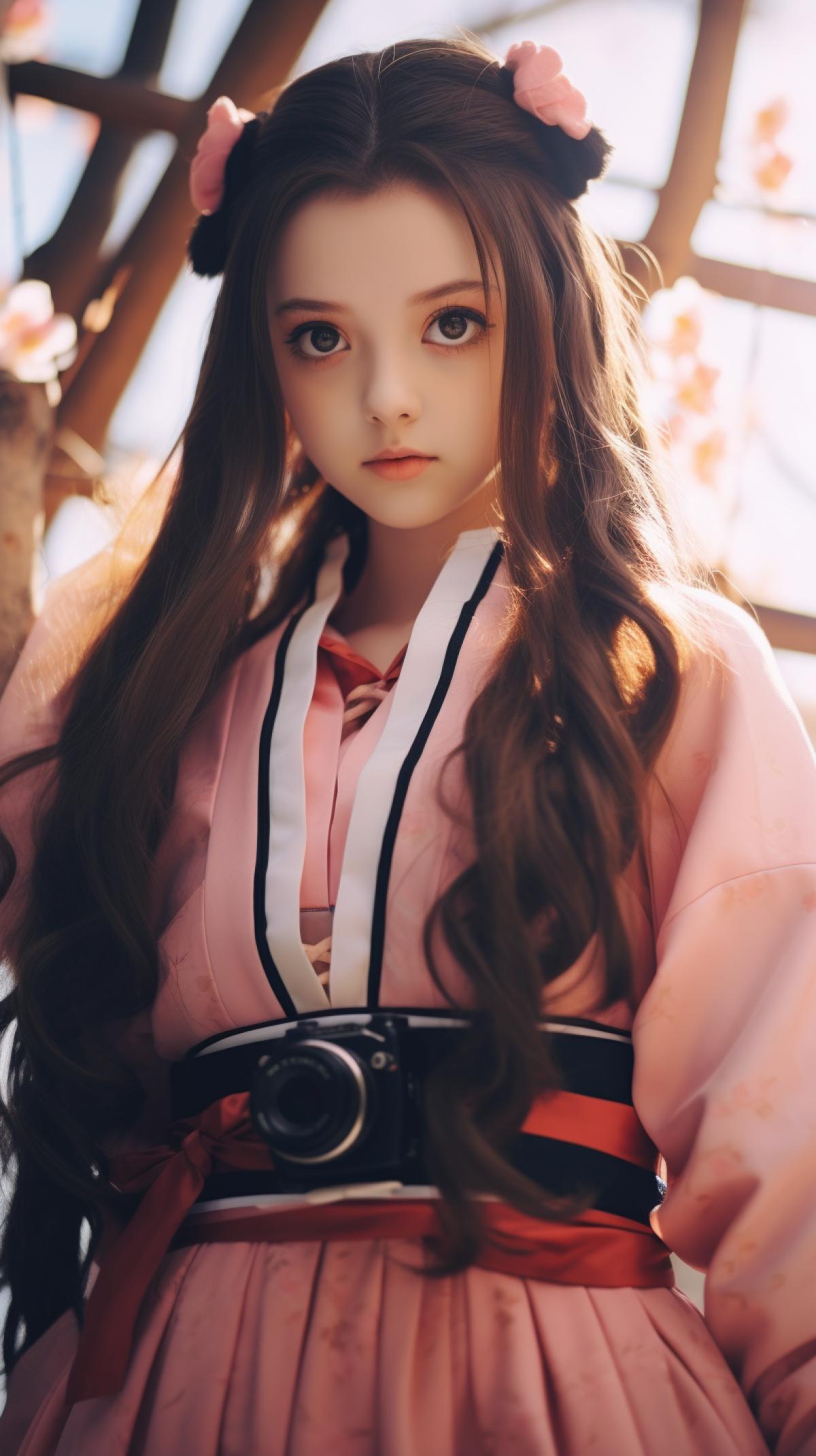 Kamado Nezuko from the anime Demon Slayer in real life, full-length portrait of a teenage girl, Sony camera photo
