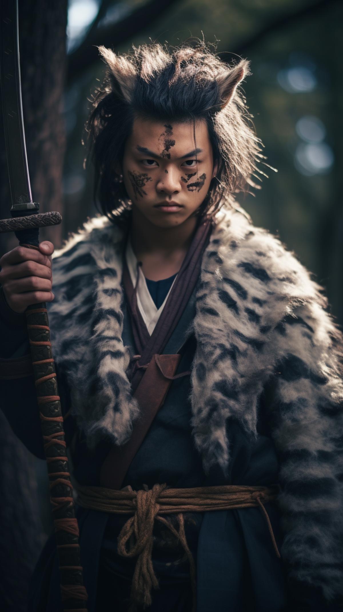 Inosuke Hashibira from the anime Demon Slayer in real life, full-length portrait.