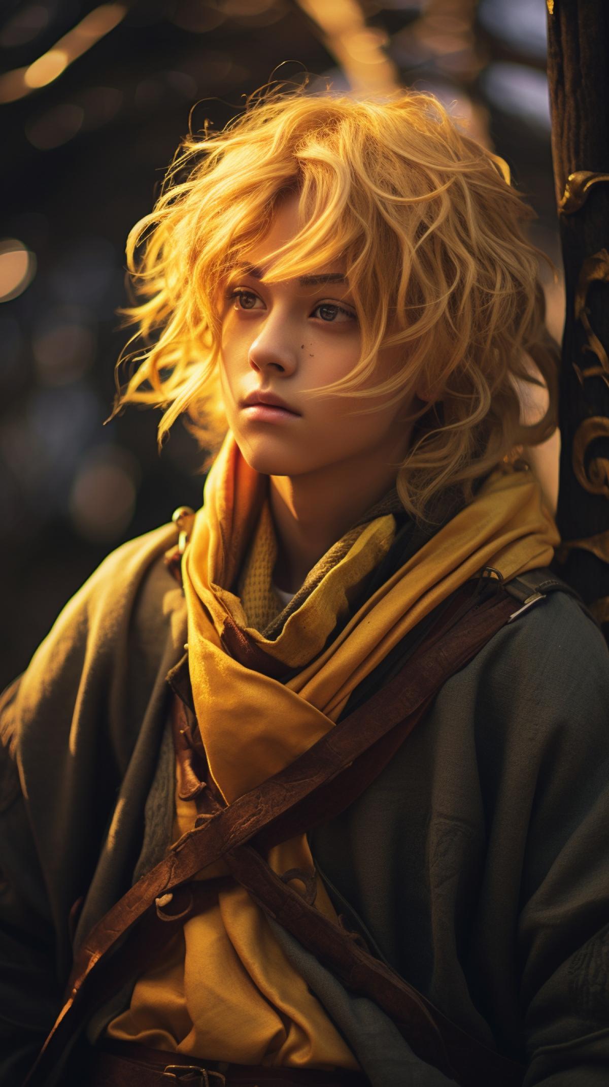 Zenitsu Agatsuma from the Demon Slayer anime in real life, a full-length portrait of a young man with golden hair.