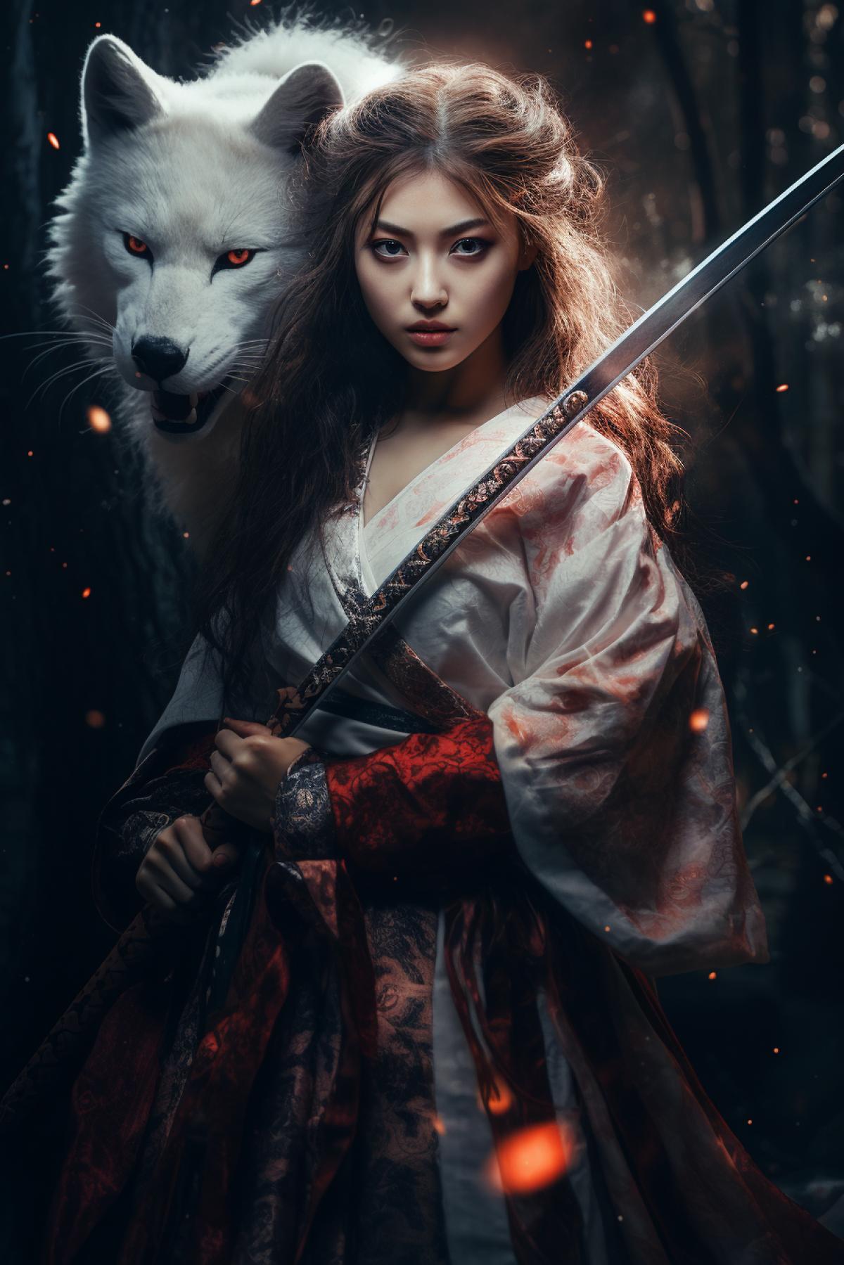 Kitsune in the guise of a girl with a katana, fighting, magical, mystical, Japan mythology , photorealistic, epic, Natalia Drepina style