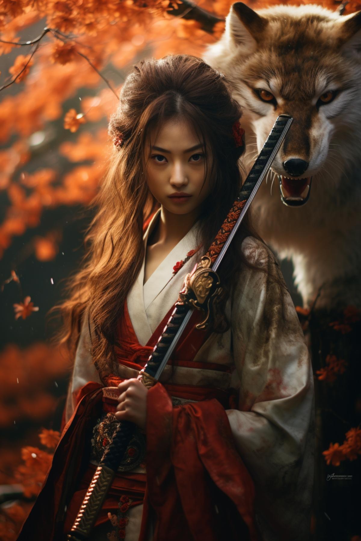 Kitsune in the guise of a girl with a katana, fighting, magical, mystical, Japan mythology , photorealistic, epic, Natalia Drepina style