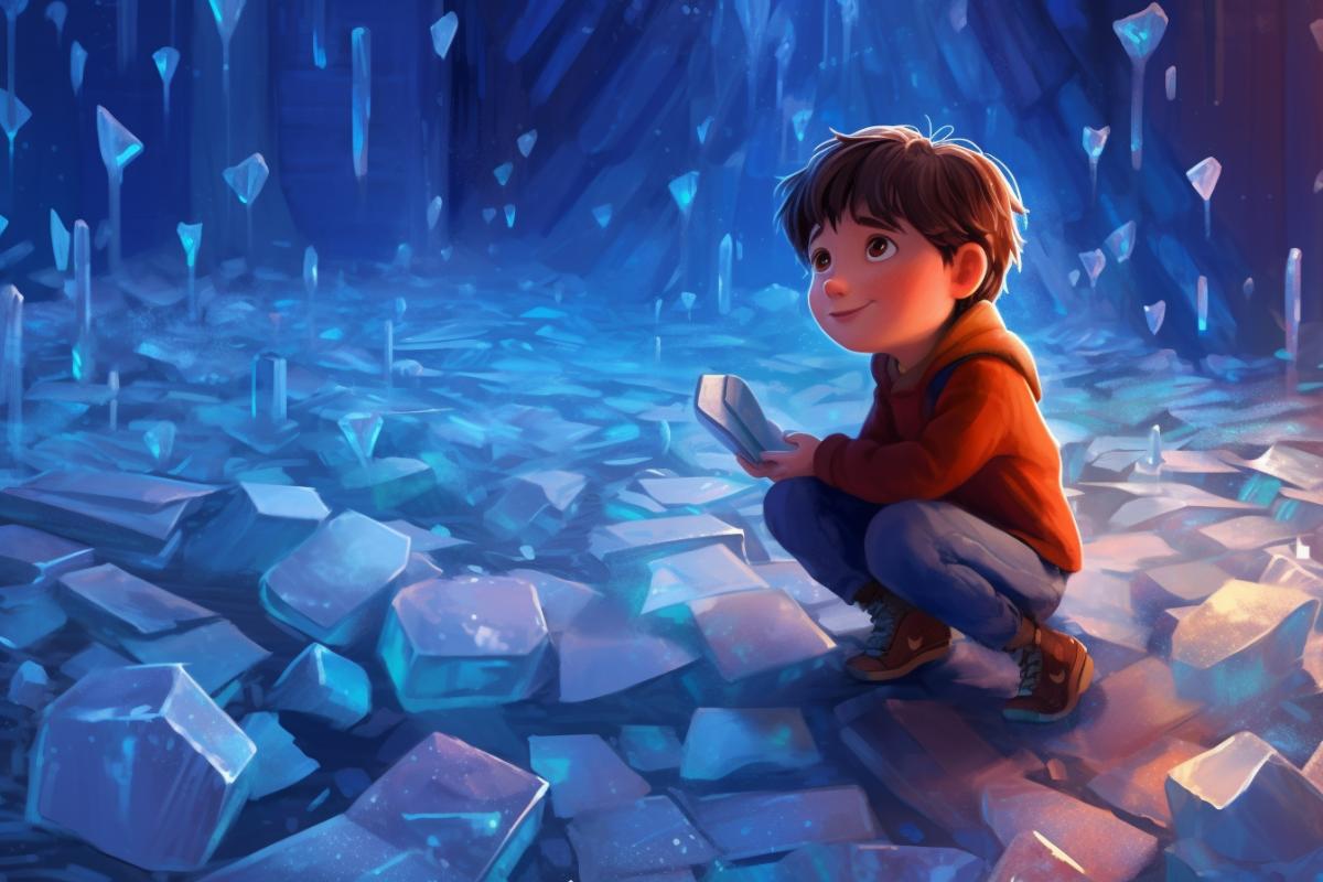 Boy collecting the word love from ice shards pixar style ice palace illustration