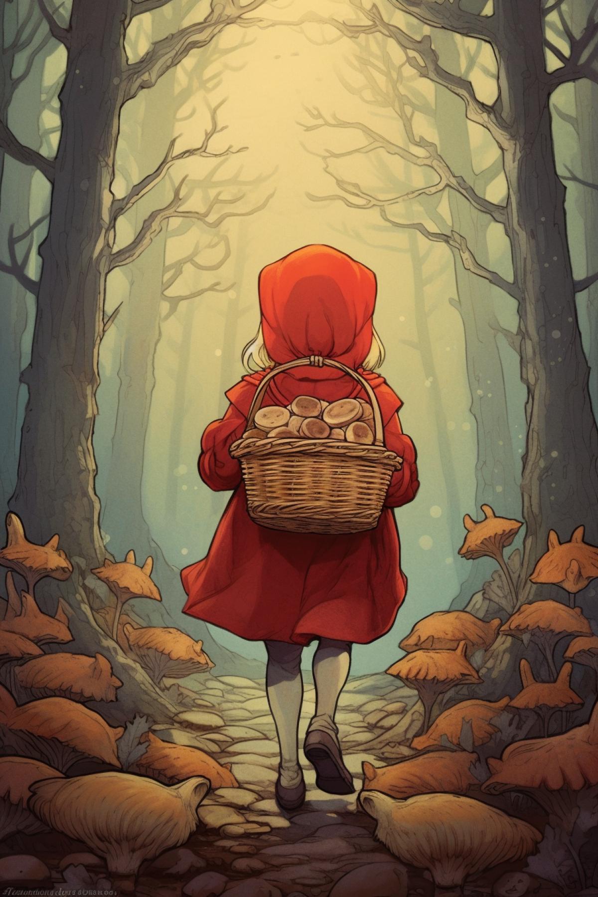 Little Red Riding Hood walks through the forest with a basket of pies baroque illustration