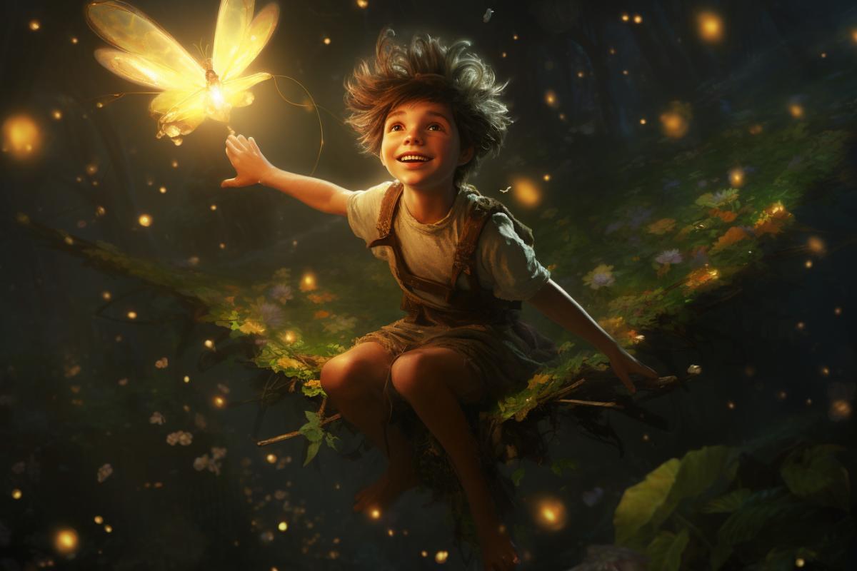 Peter Pan fairytale, flying on Fairy Pollen, magical, atmospheric, Thomas Ascott style