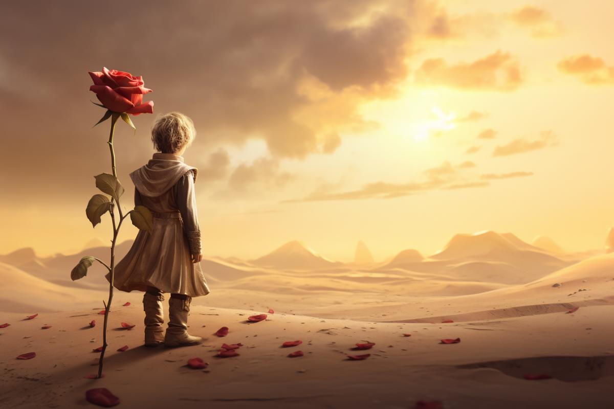 Little prince on his desert planet grows one beautiful rose , The prince is dressed in royal clothes , fairytale, alone, lonely, atmospheric, Thomas Ascott style
