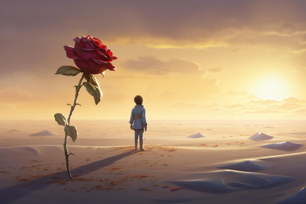 Little prince on his desert planet grows one beautiful rose , The prince is dressed in royal clothes , fairytale, alone, lonely, atmospheric, Thomas Ascott style