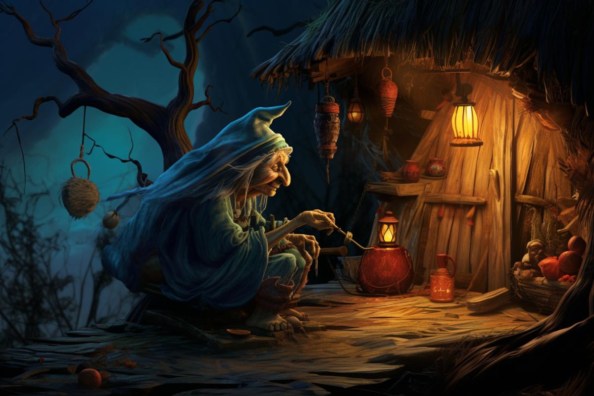 Scary Baba Yaga in her hut brewing potion, Russian fairytale, Befana style