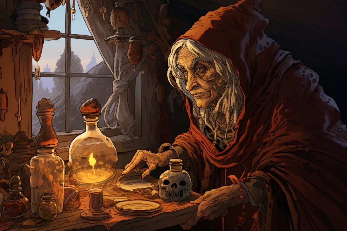 Scary Baba Yaga in her hut brewing potion, Russian fairytale, Befana style