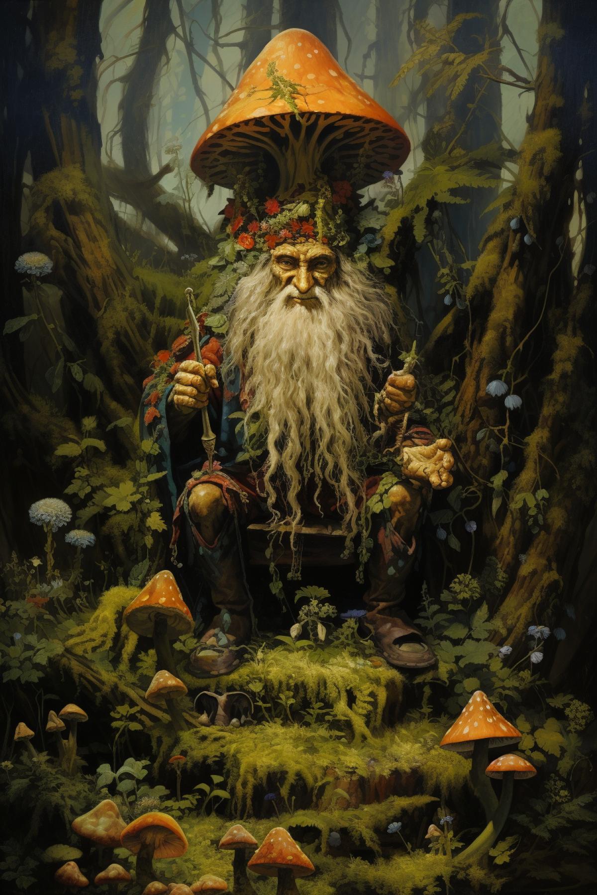 Leshy is sitting on a stump in the forest, Russian fairytale, a lot of plants, swamp, fly agarics, John Blanche style painting