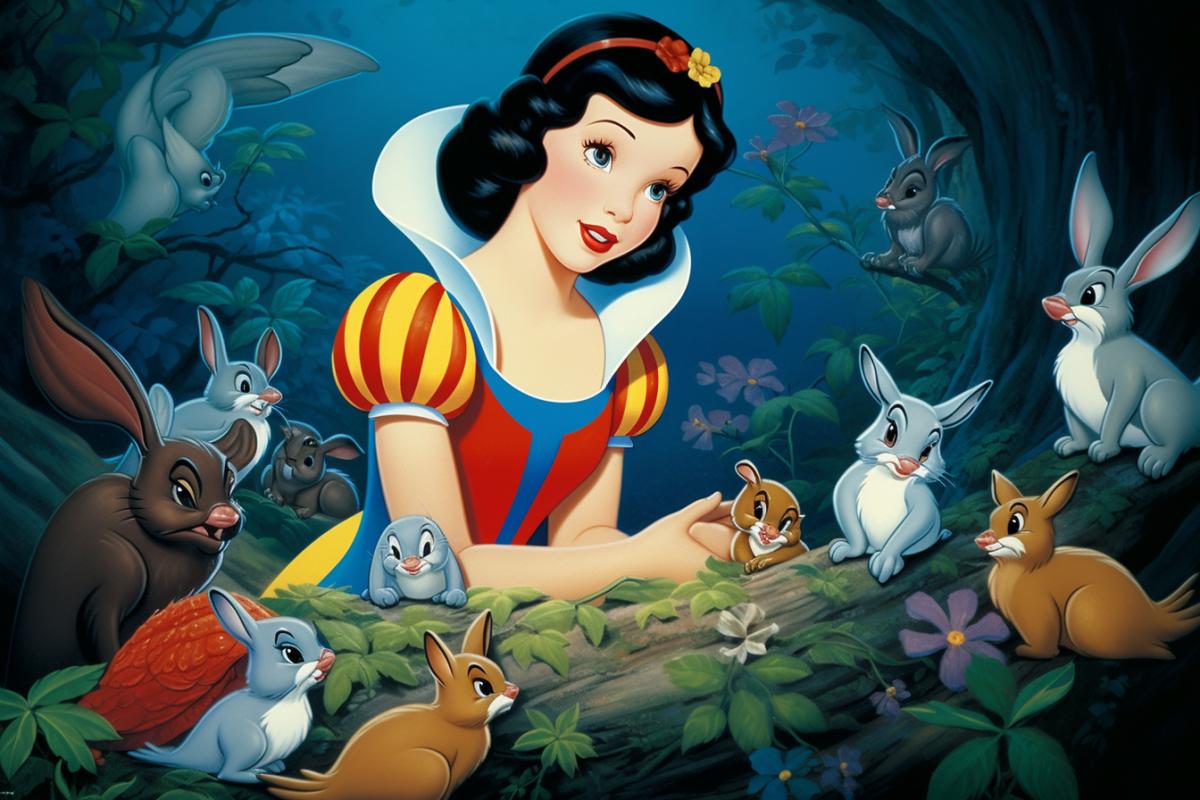 Snow White with lots of different animals, fairytale, Don Bluth style