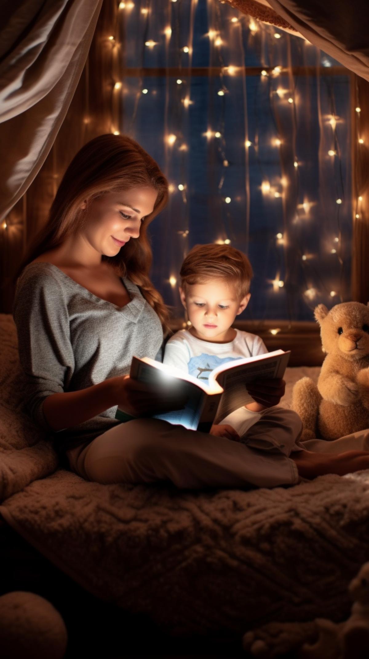 The child is lying in bed with surprised eyes when the characters of his favorite bedtime story come to life, mom reads a fairy tale from a beautiful book to the child, soft night lighting, moonlight from the window, the best quality, super realistic, fabulous atmosphere of the nursery