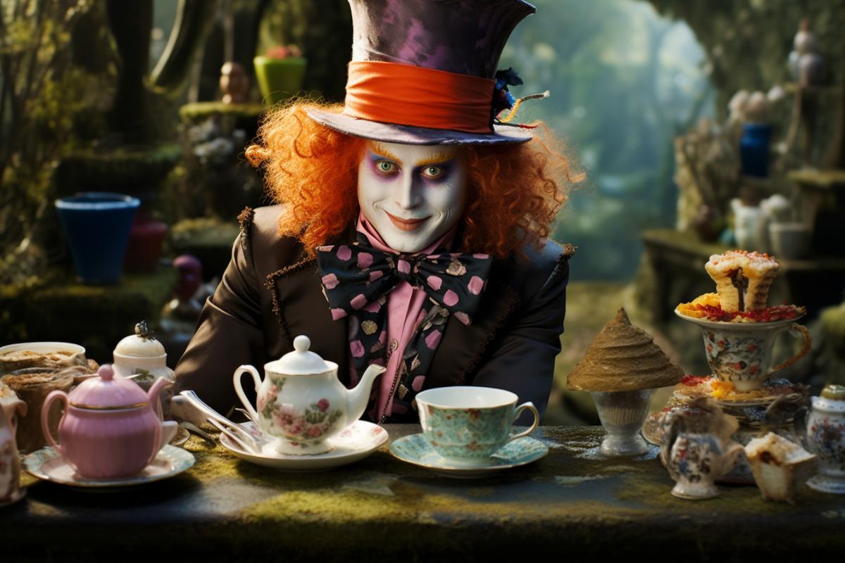 Alice in wonderland, White Rabbit, Cheshire Cat, Mad Hatter, March Hare, Dormouse, tea party, fairytale, Tim Burton’s movie, cinematic