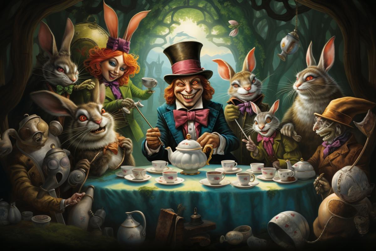 Alice in wonderland, all persons on one shot, White Rabbit, Cheshire Cat, Mad Hatter, March Hare, Dormouse, tea party, fairytale, David Michael Bowers style