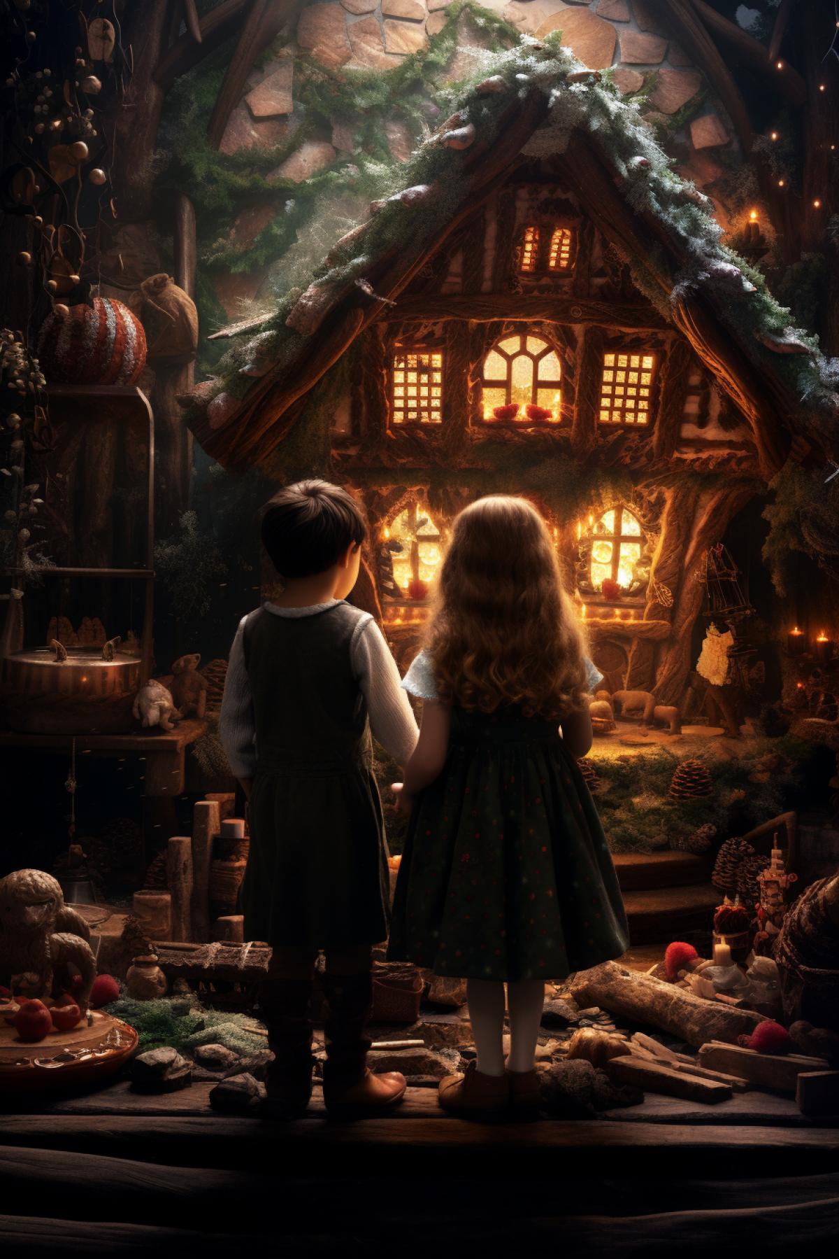 sister and brother looking at the gingerbread house, Gretel and Hansel fairytale, magical, dark forest, photorealistic, Greg Capullo painting style