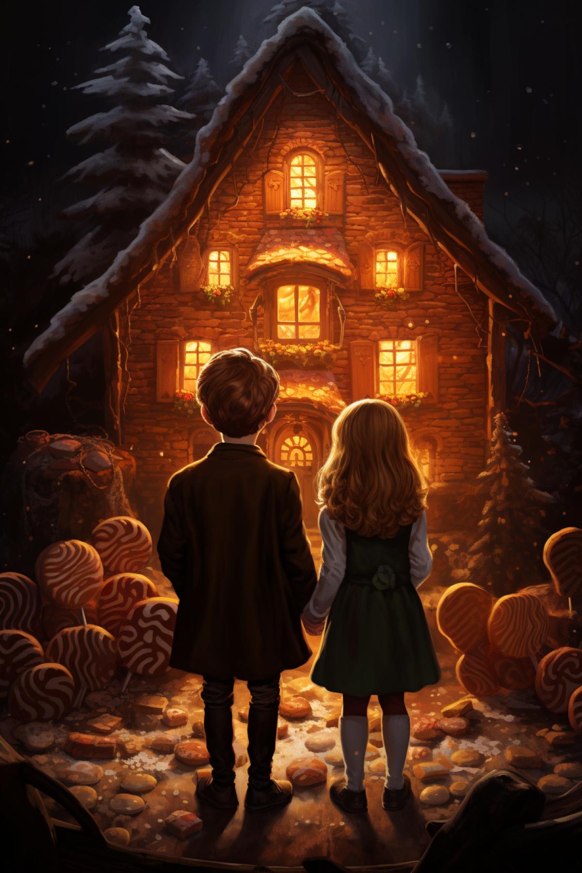 sister and brother looking at the gingerbread sweets house, Gretel and Hansel fairytale, magical, horrortale, creepy and scary forest, photorealistic, Greg Capullo painting style