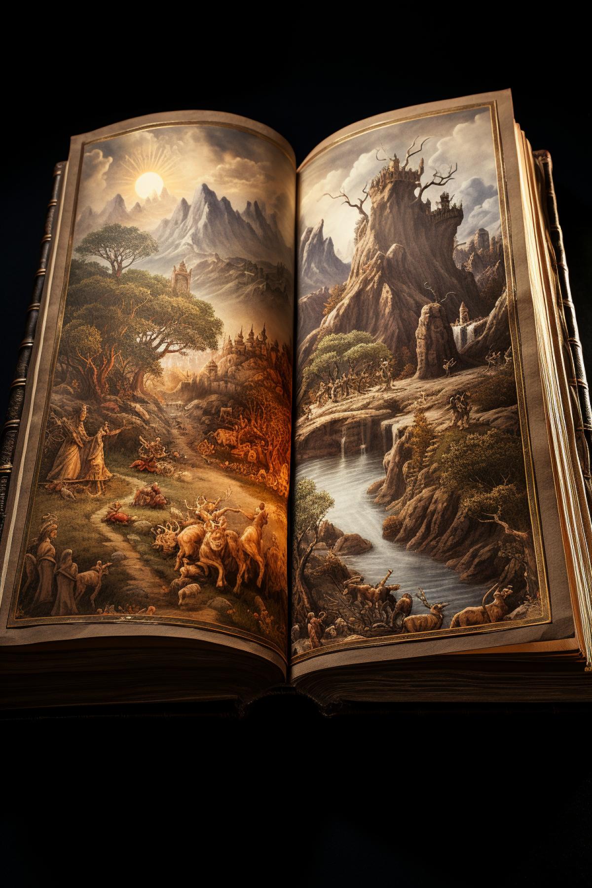 Ancient book of fairytales, atmospheric, photorealistic, bestiaries style