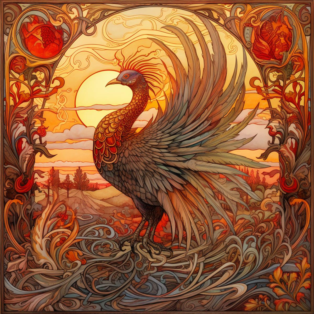 Firebird, Russian fairytale, illustration, Walter Crane style painting