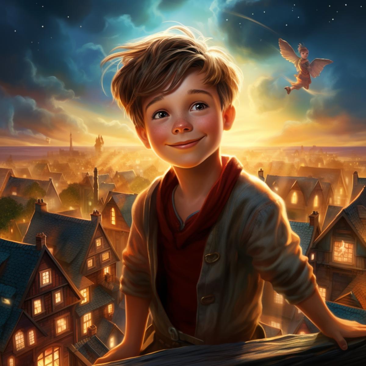 piter pan, walt disney, fly in the night over the roofs of houses background of the movie theme piter pan handsome cute boy, smiling, bright, film clothing, fairytale background, by thomas kinkade nadja baxter anne stokes Nancy Noel