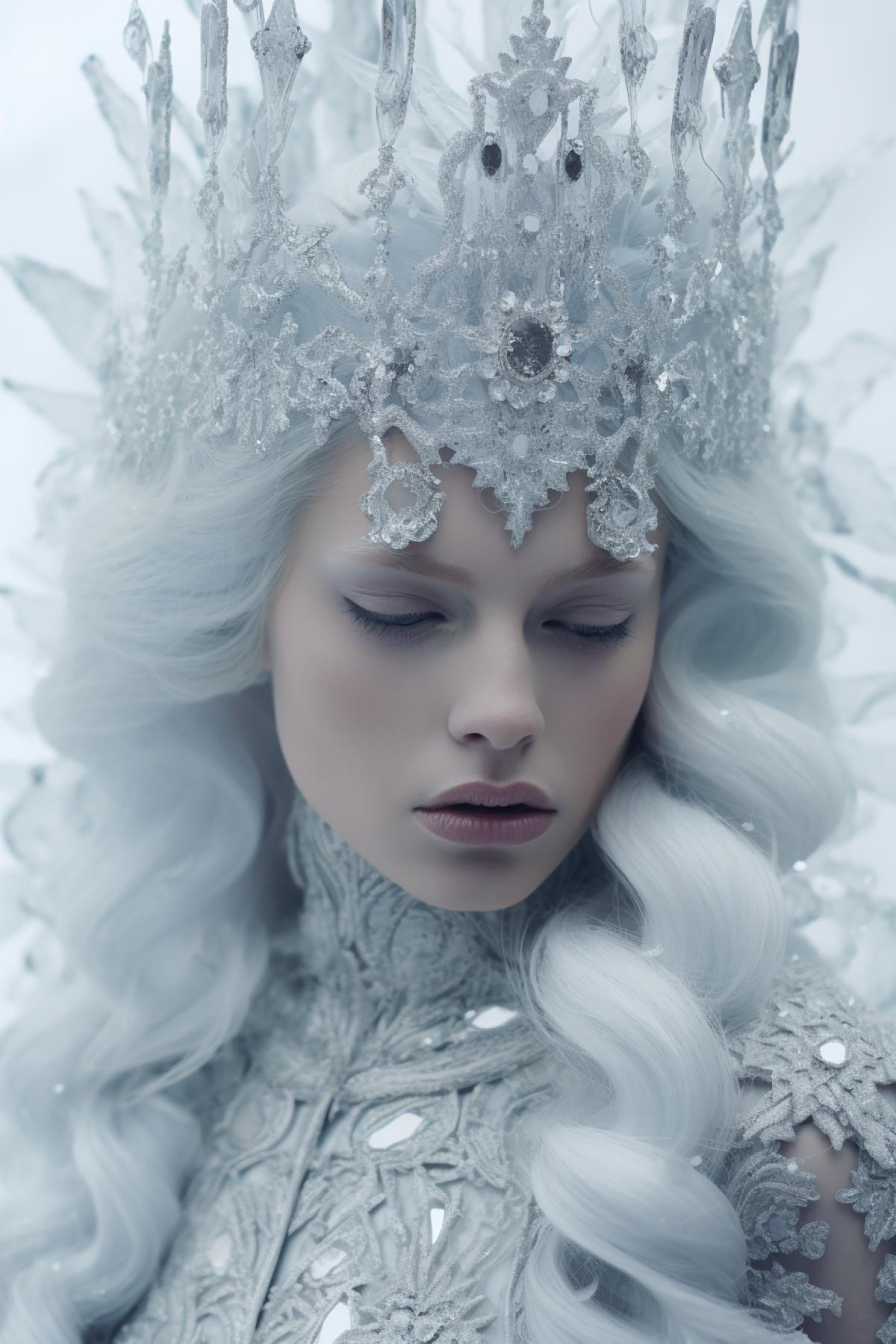 Ice Queen, ice castle, ice fashion, design extravagant clothes and crown, white skin and hair, extravagant hair style , frozen dead skin and face, fashion photography, frozen atmospheric ,white gothic, ice texture, Alexander McQueen