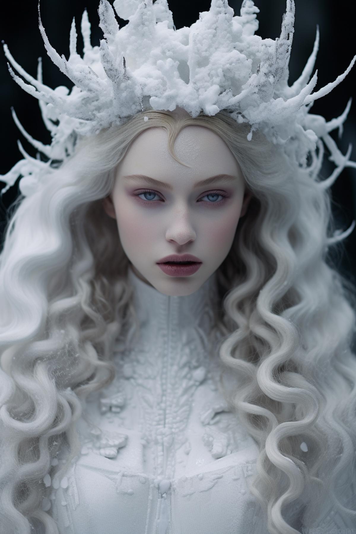 Ice Queen, ice castle, ice fashion, design extravagant clothes and crown, white skin and hair, extravagant hair style , frozen dead pale skin and face, fashion photography, frozen atmospheric ,white gothic, ice texture, Alexander McQueen