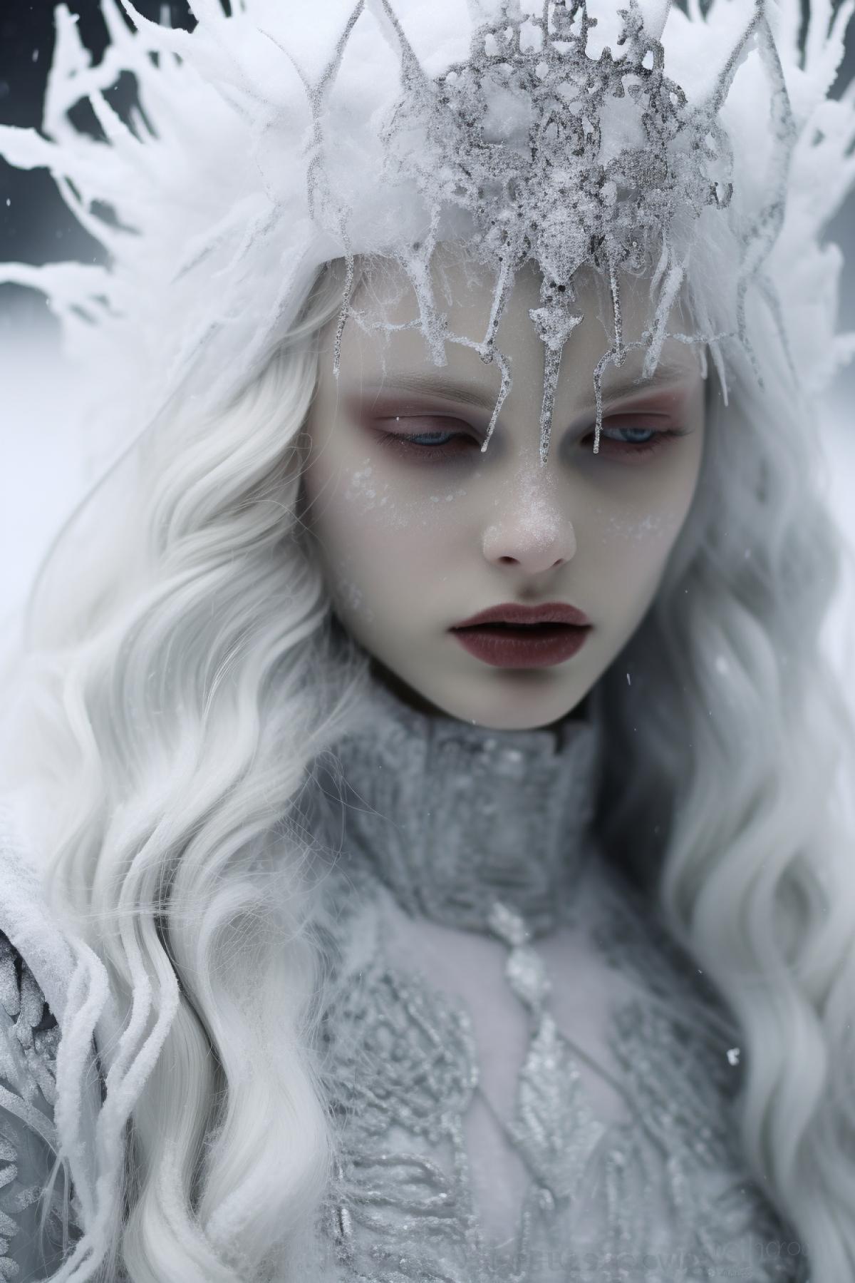 Ice Queen, ice castle, ice fashion, design extravagant clothes and crown, white skin and hair, extravagant hair style , frozen dead pale skin and face, fashion photography, frozen atmospheric ,white gothic, ice texture, Alexander McQueen