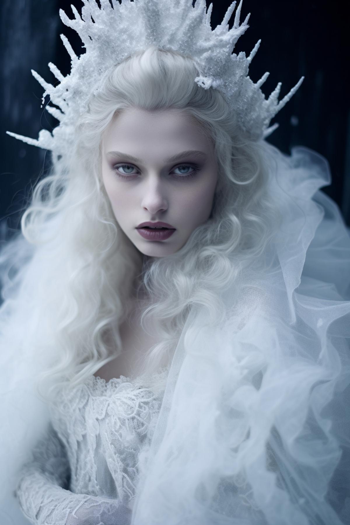 Ice Queen, ice castle, ice fashion, design extravagant clothes and crown, white skin and hair, extravagant hair style , frozen dead pale skin and face, fashion photography, frozen atmospheric ,white gothic, ice texture, Alexander McQueen