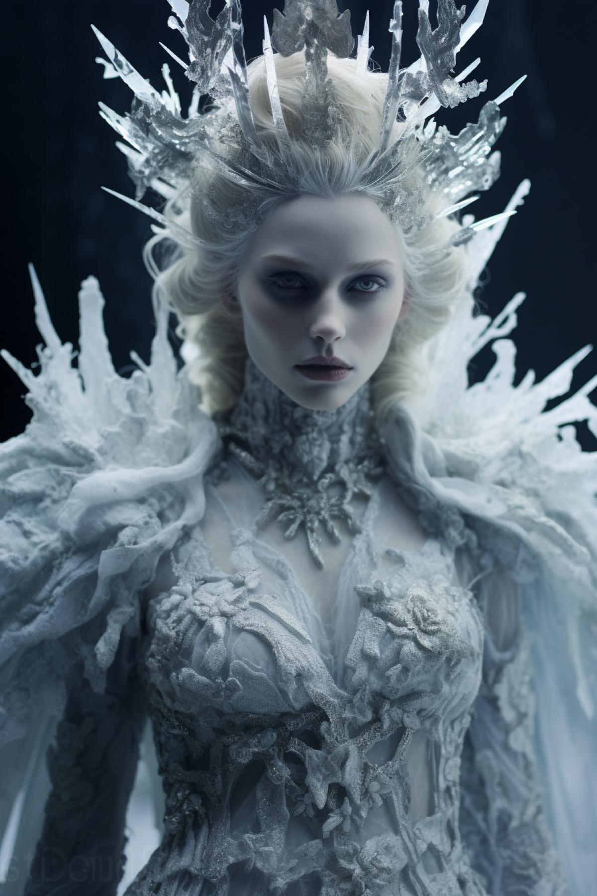 Ice Queen, ice castle, ice fashion, design extravagant clothes and crown, white skin and hair, extravagant hair style , frozen dead pale skin and face, (full body:1.5), fashion photography, frozen atmospheric ,white gothic, ice texture, Alexander McQueen