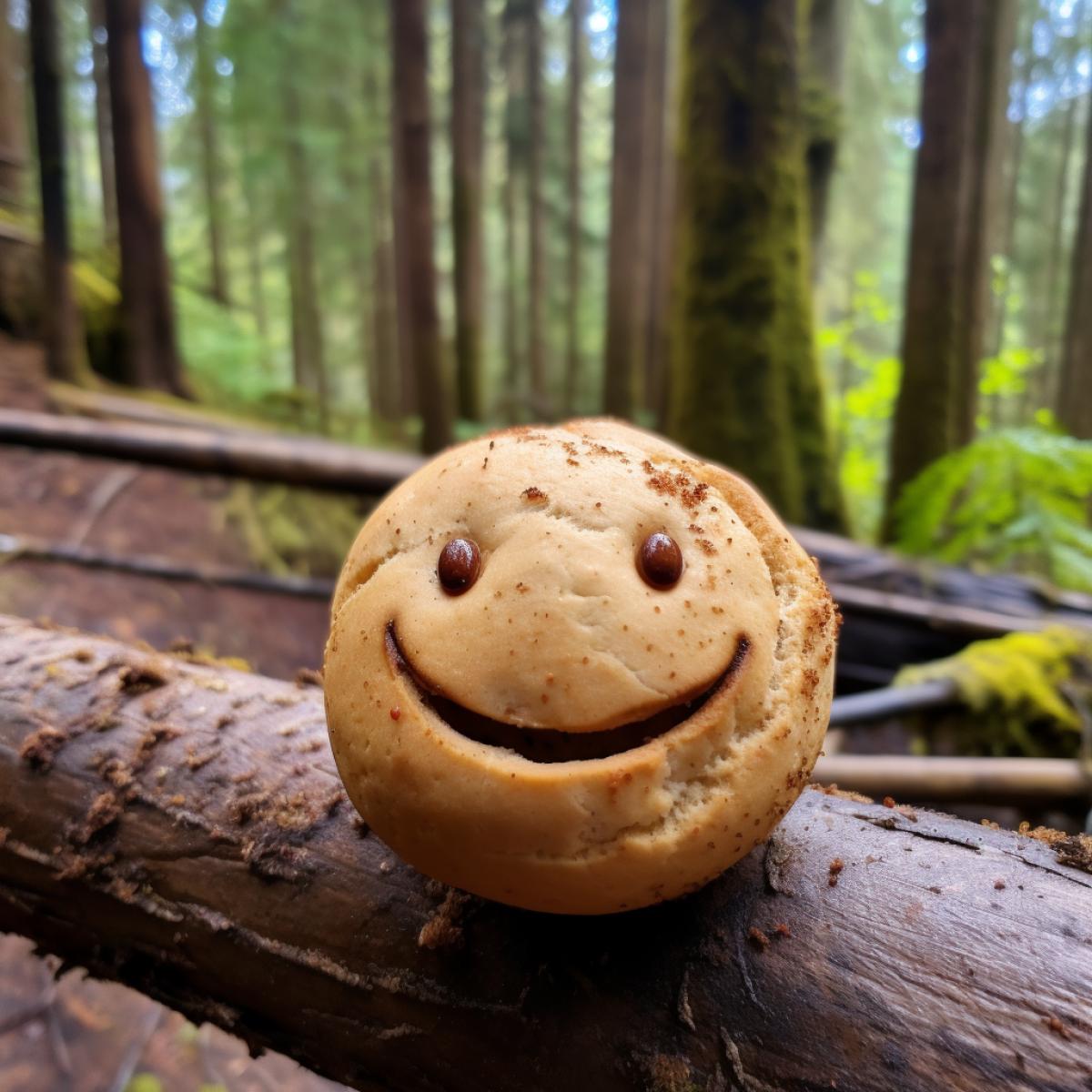 Spherical cute Smiley made of baked dough on a forest path, fairy tale, pixar style