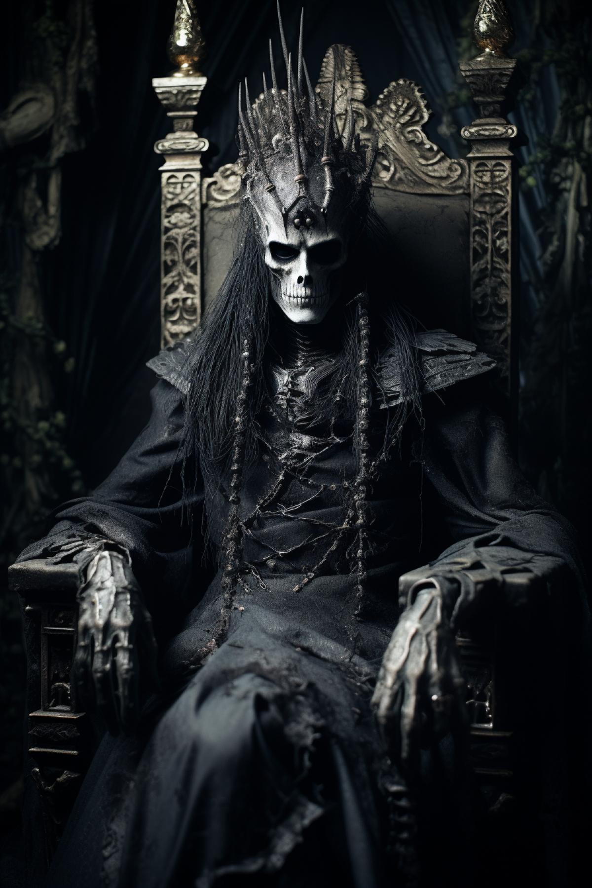 Undead man, Koschei the immortal sitting on the throne, dead pale face and skin, Russian fairy tale, dark fashion photography, many details, gothic, Alexander McQueen fashion style