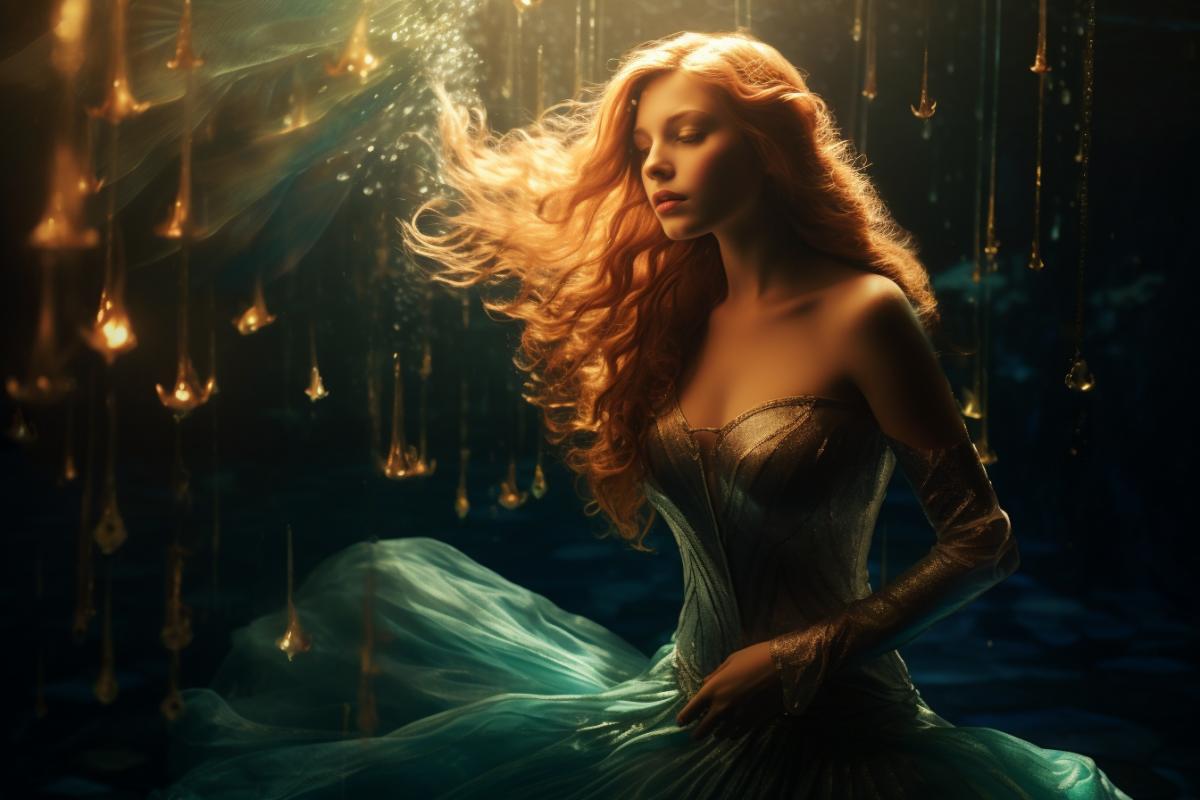 Mermaid Ariel, sirene, undine, girl with fish tail,under water sea would , fairytale, full body, atmospheric, beautiful lighting, photography