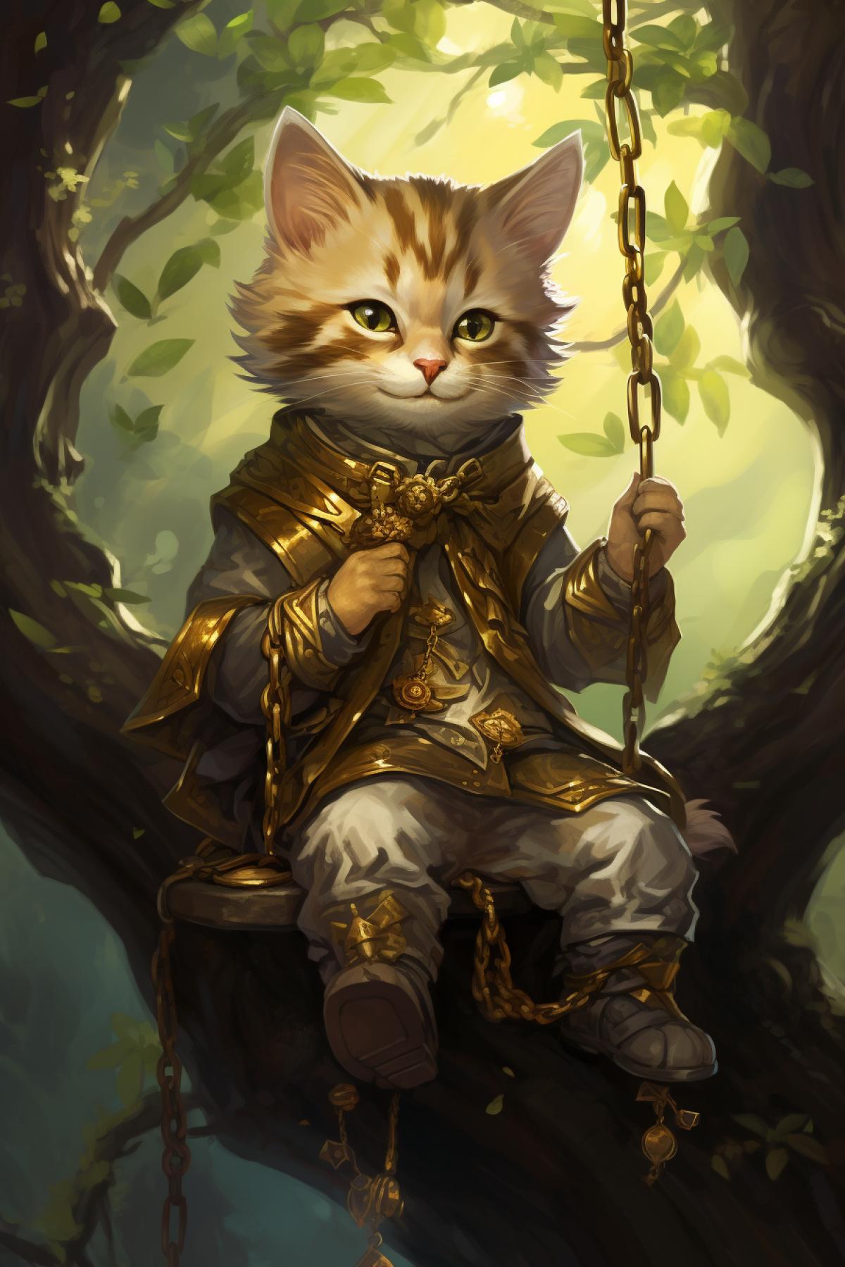 A scientist cat sits on an oak tree, which is entwined with a golden chain, Lukomorye, fairy tale