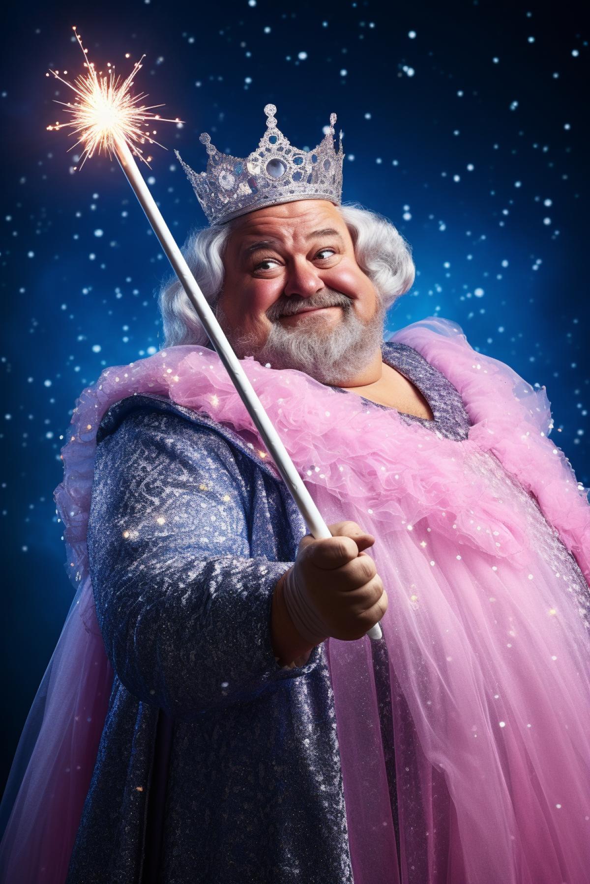 Man fairy godmother with a magic wand, cute, humor, fairy tale, magical, funny, ridiculous