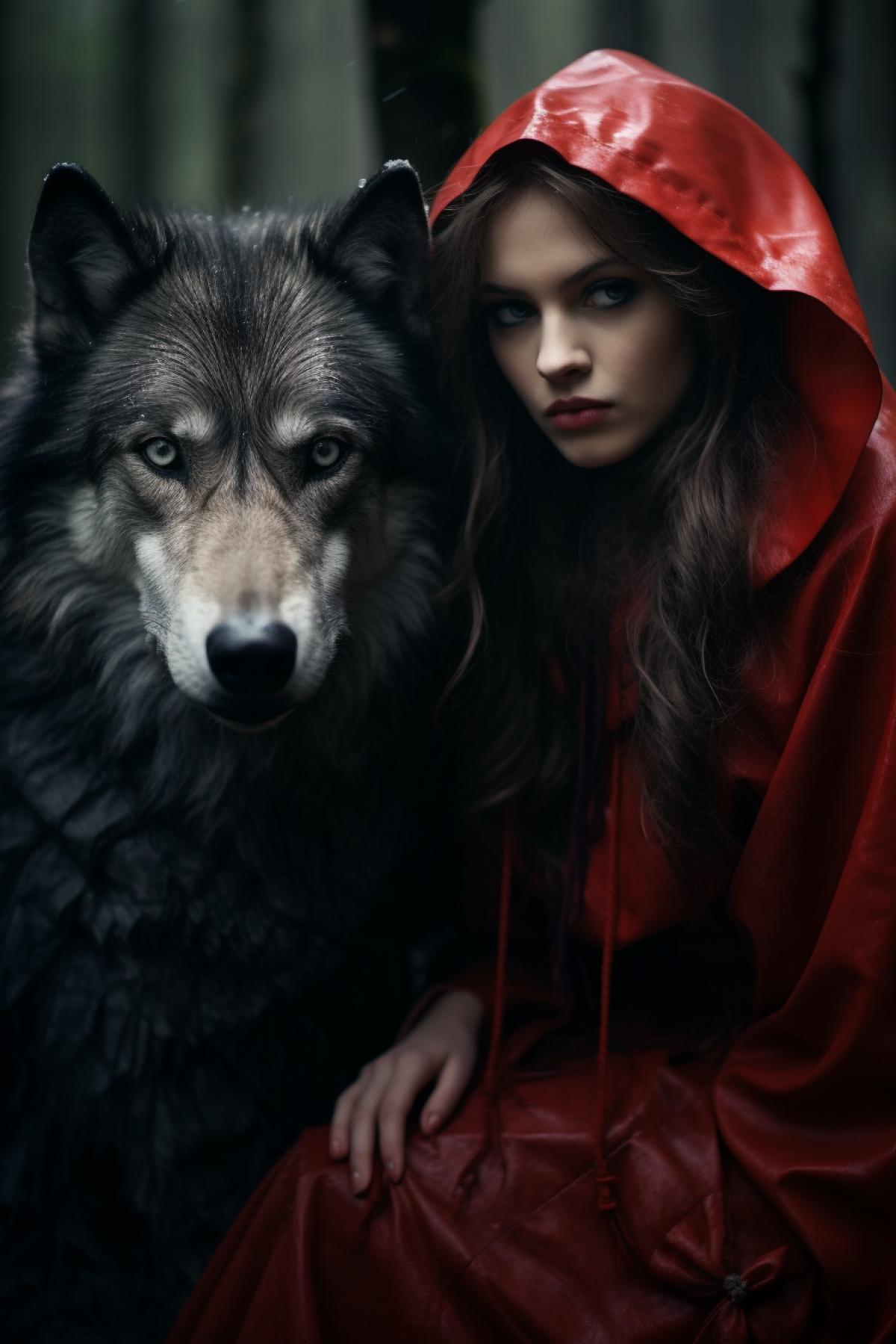 red riding hood girl and grey wolf, fairytale, dark forest, gothic, atmospheric, Natalia Drepina style