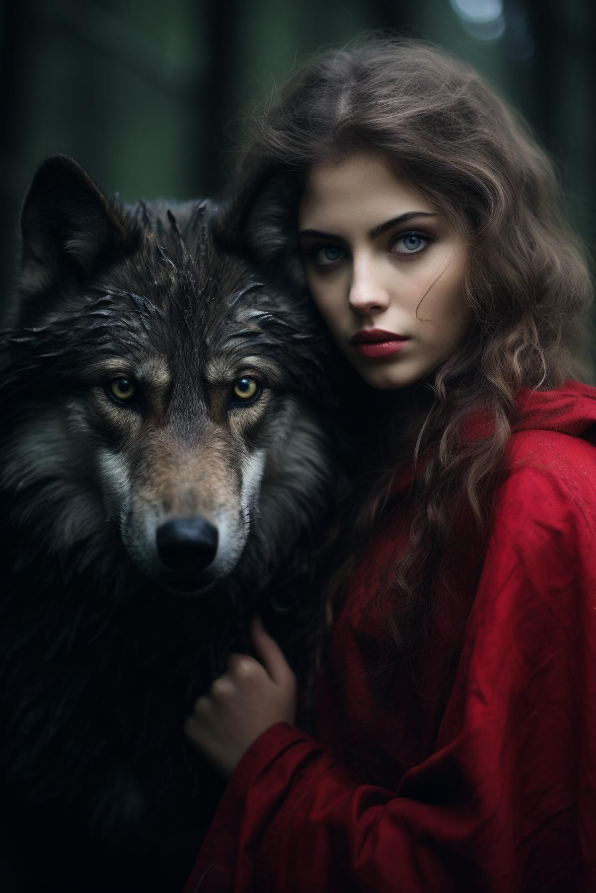 red riding hood girl and grey wolf, fairytale, dark forest, gothic, atmospheric, cinematic, Natalia Drepina style