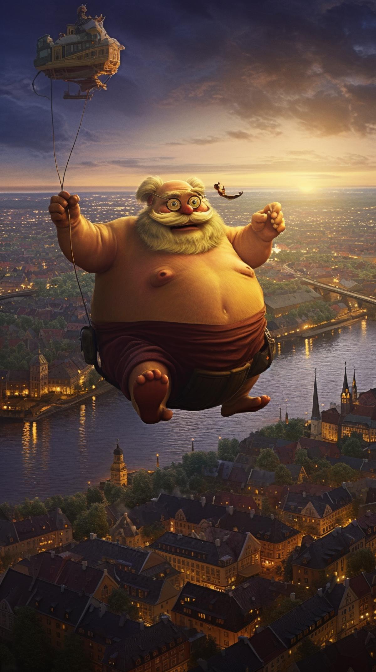 A small fat man with a propeller on his back hovered in the air, against the background of evening Stockholm, a very beautiful fairy tale illustration