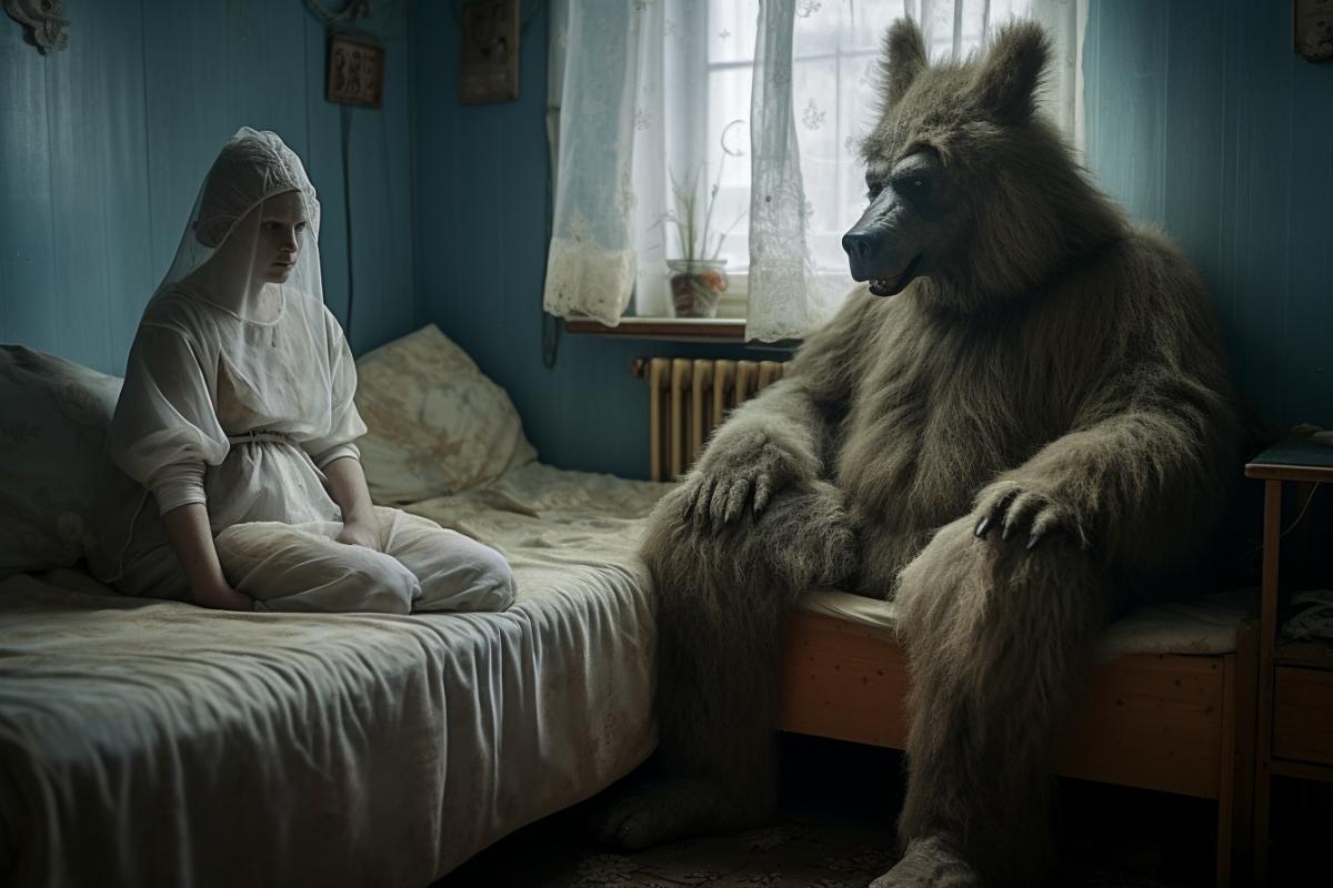Real Characters from fairy tales in a mental hospital, fairy tale heroes, Little Red Riding Hood, Baba Yaga, Snow White, Cinderella, bear, ridiculous, funny, amusing, humor